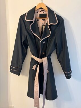 Navy Blue Trench Coat with Pink Trim and Matching Belt